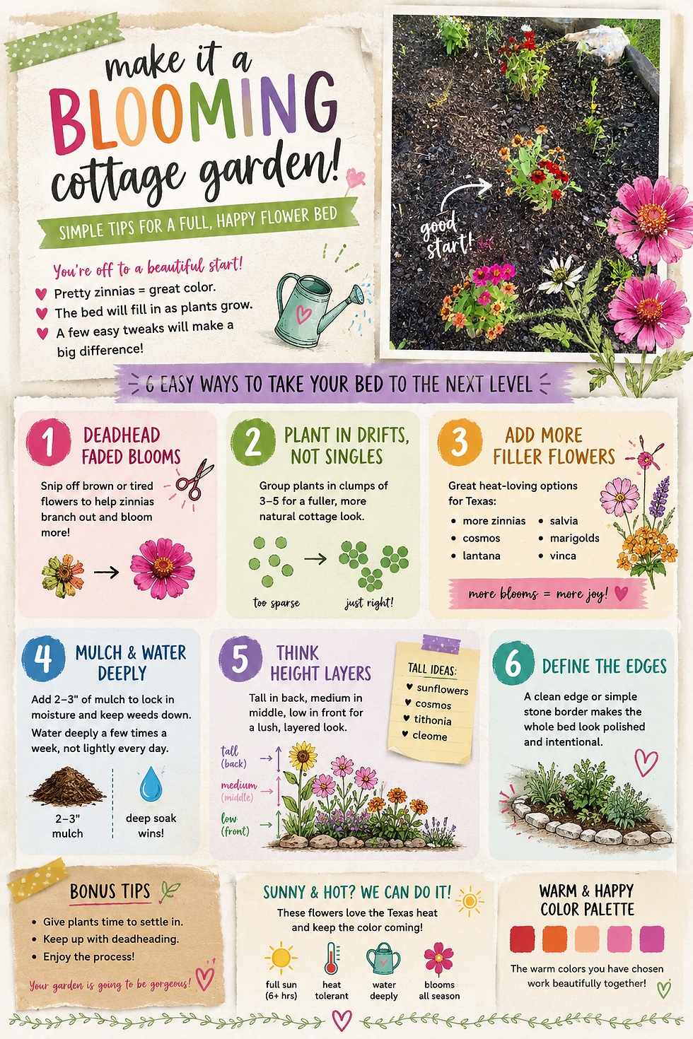 Colorful cottage garden infographic featuring a Texas flower bed with zinnias, gardening tips for fuller flower beds, mulch and watering advice, layering flowers by height, and cheerful floral illustrations in a scrapbook tear-sheet style layout.