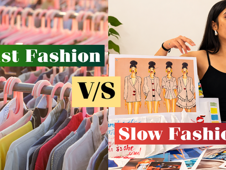 Fast fashion v/s Slow fashion image showing a designer with an original design concept and mass market garments