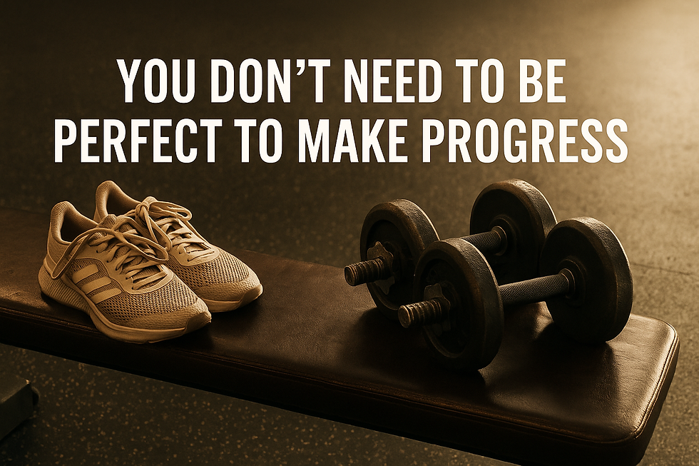 Motivational image with gym shoes and dumbbells on a workout bench, symbolizing consistency, effort, and progress without perfection.