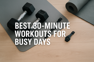 Fitness flat lay with dumbbells, watch, and workout mat, symbolizing time-efficient training and quick 30-minute workouts for busy people.