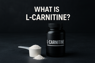 L-Carnitine supplement bottle with a scoop of powder on a dark fitness background