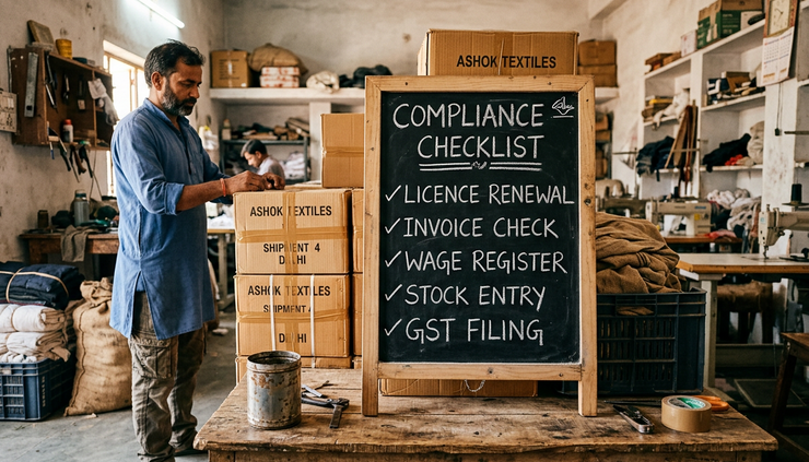 Wide-angle view of a chalkboard checklist near packed goods in a small workshop.
