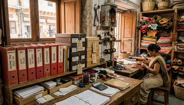 Wide-angle view of a small workshop with labelled tax folders and product boxes on wooden shelves