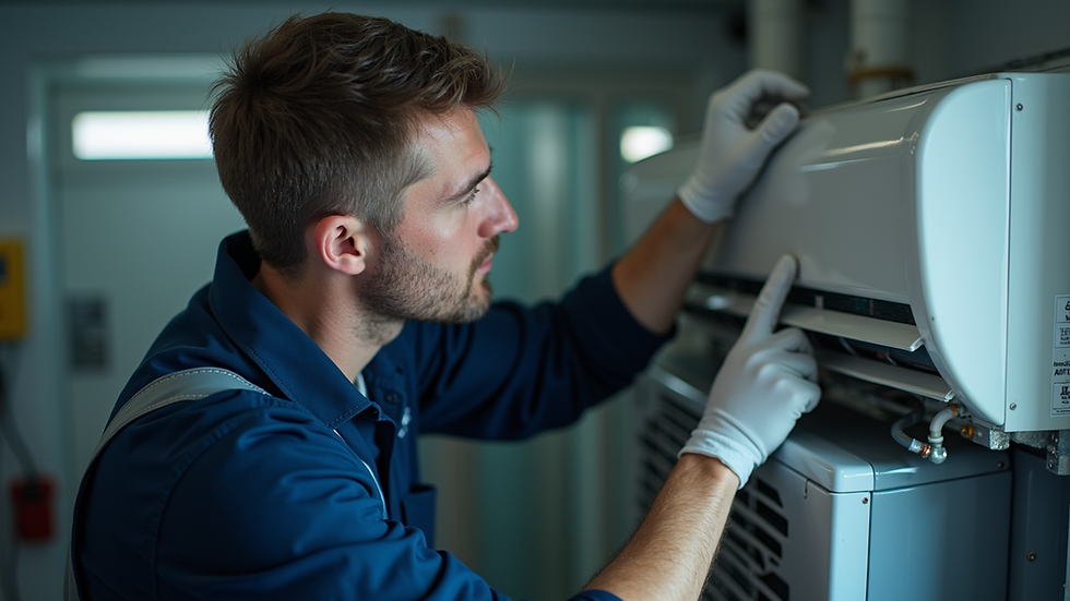 Eye-level view of a professional technician inspecting an air conditioning unit