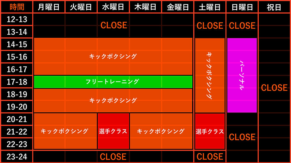 GREEDGYMの営業時間・タイムテーブルを掲載した画像。キックボクシングクラス・フリートレーニング、パーソナル、選手クラスの開催時間を案内しています。