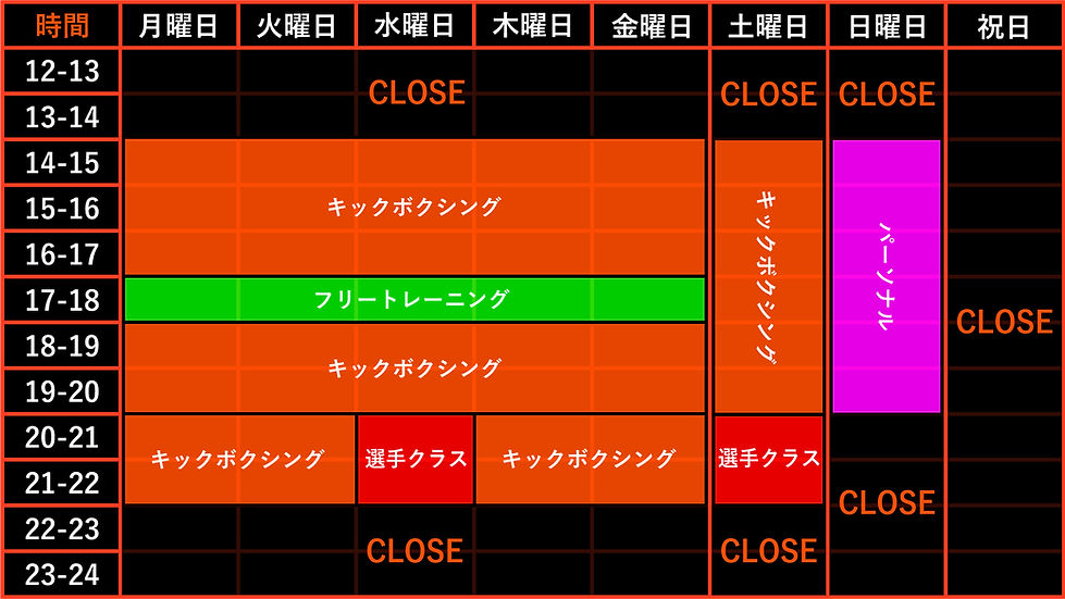 GREEDGYMの営業時間・タイムテーブルを掲載した画像。キックボクシングクラス・フリートレーニング、パーソナル、選手クラスの開催時間を案内しています。