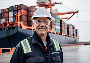 port worker in hard hat standing in front of cargo ship 