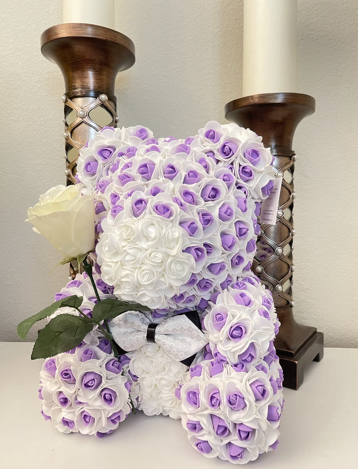 Two Tone Rose Bear With White Rose 