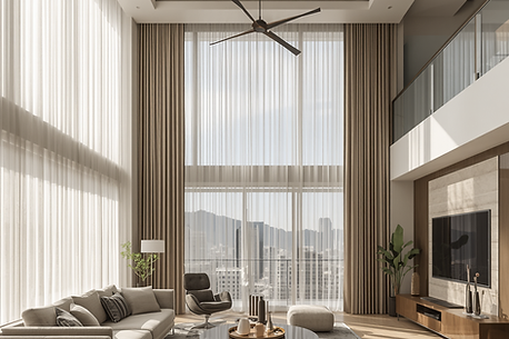 Tall motorized draperies in a modern living room