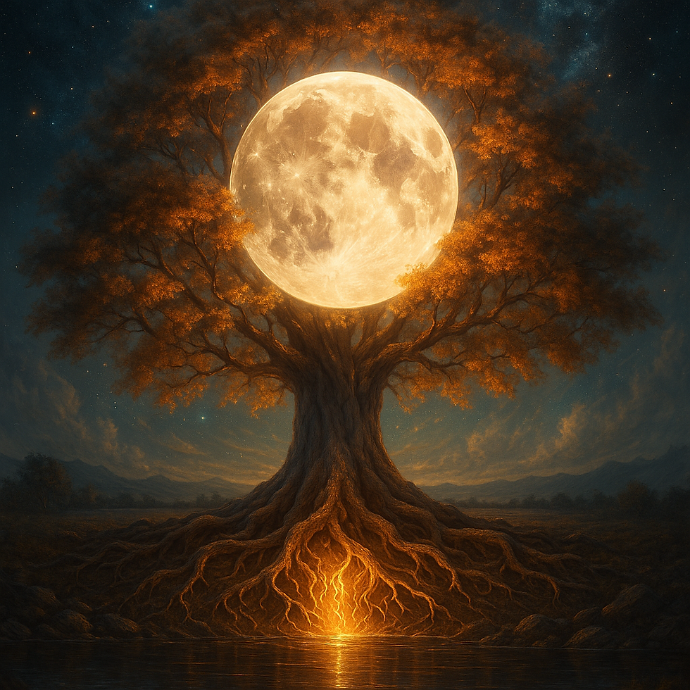 “Cosmic Earth Temple” A tree with luminous roots and branches, the Moon nestled in its crown like a pearl. Symbolizes Taurus’ grounding + lunar wisdom intertwined — heaven and Earth in harmony.