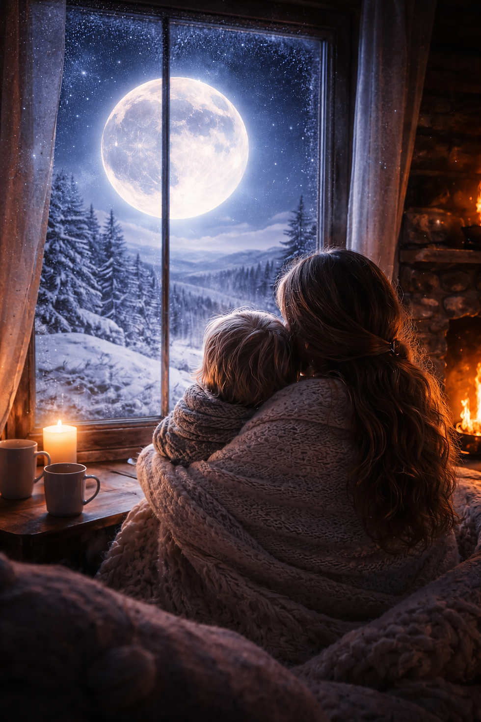 Cozy Mother & Child looking out their window at the Super Cancer Full/Wolf Moon
