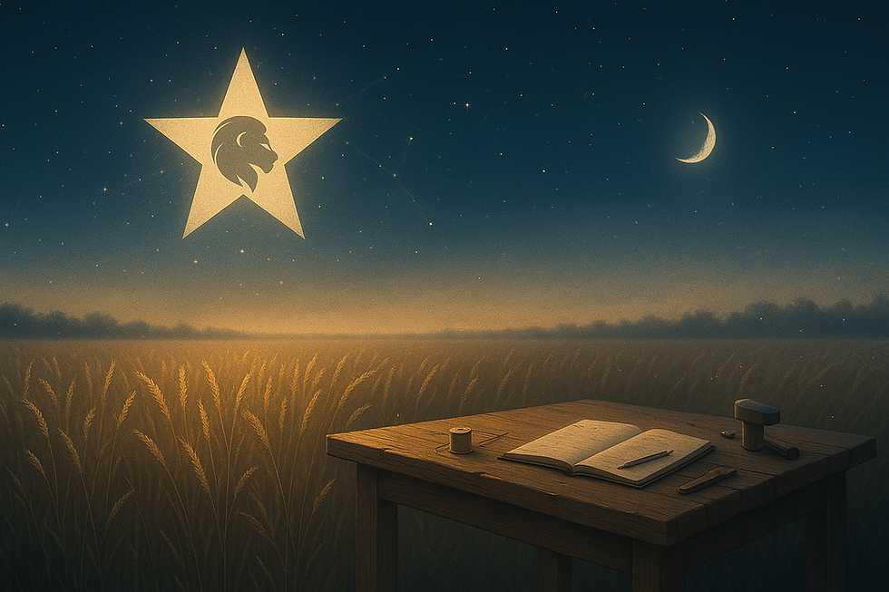Regulus—the Lion’s Heart—glowing above a humble workbench and wheat, symbolizing sovereign service.