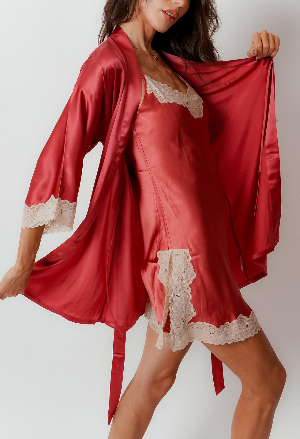 Side view of Rare Rose Pure Silk Nightdress and Robe Set showing smooth red silk and lace detailing.