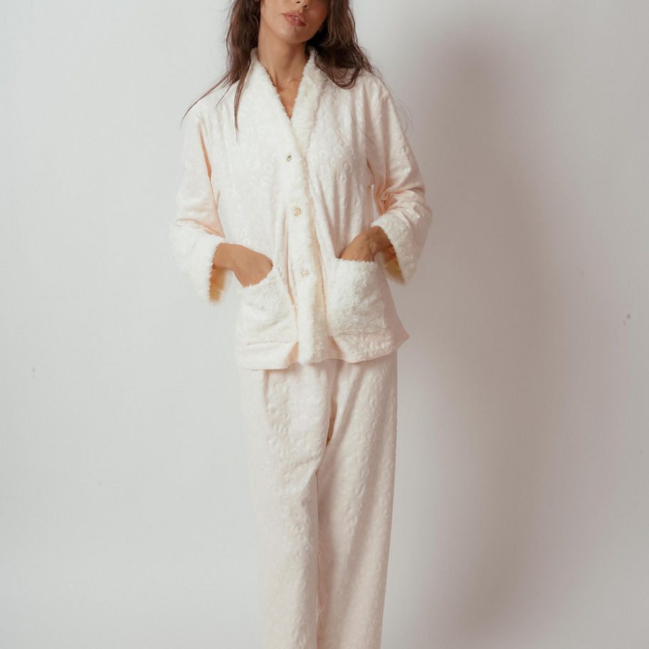 Full view of Shiny Buttons Pajama Set featuring relaxed fit and cozy cream fabric.