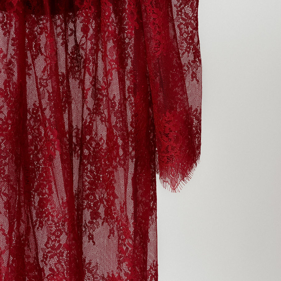 Close-up of lace pattern and fabric texture of Red Sheer Lace Robe.