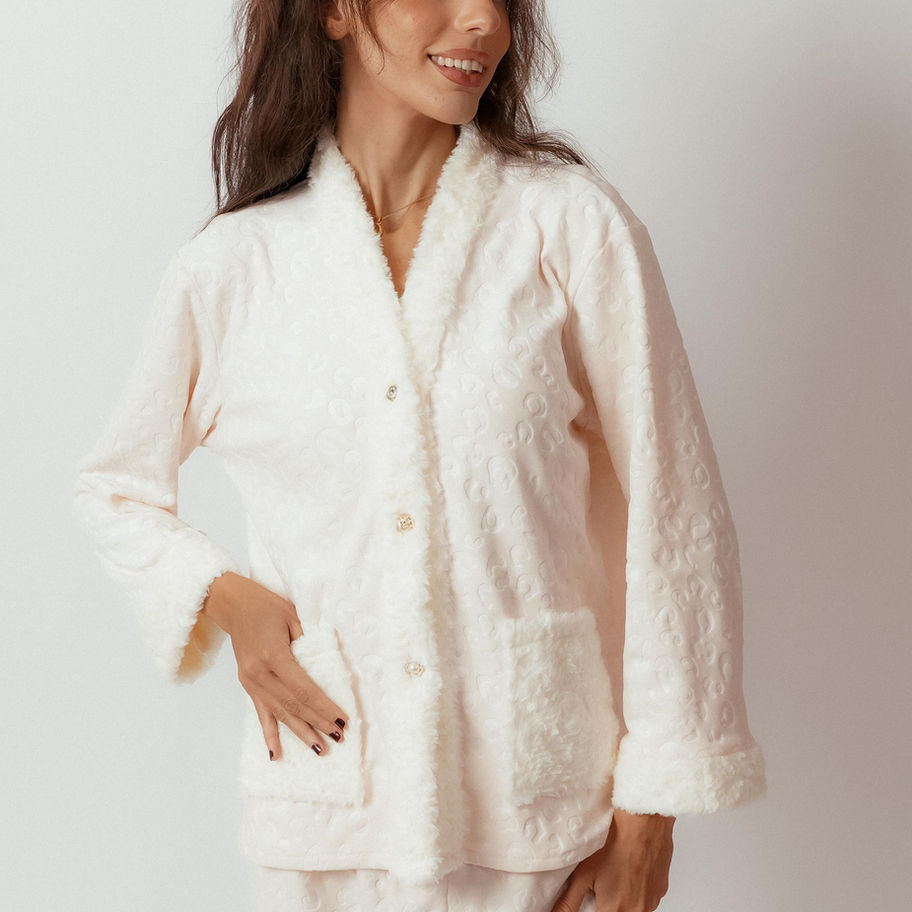 Model wearing Rosemo Shiny Buttons Pajama Set with soft textured fabric and faux fur trim.
