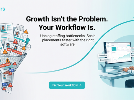 Staffing agency workflow bottleneck vs automated staffing software system showing onboarding, compliance, and scheduling flow