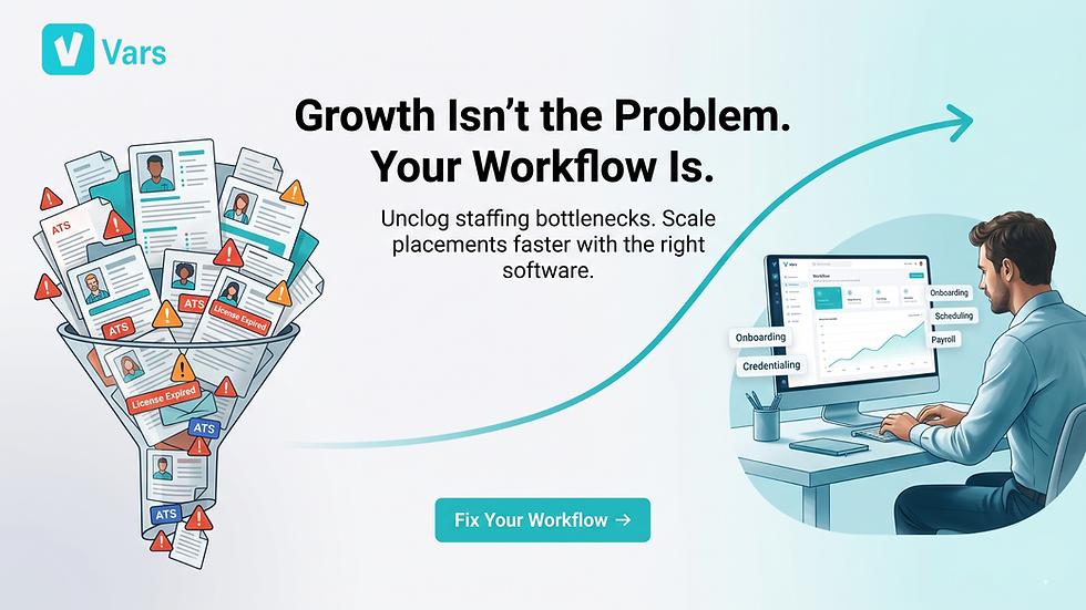 Staffing agency workflow bottleneck vs automated staffing software system showing onboarding, compliance, and scheduling flow