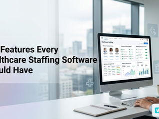 Healthcare staffing agency operations manager reviewing healthcare staffing software dashboard showing credentialing, scheduling, and analytics.