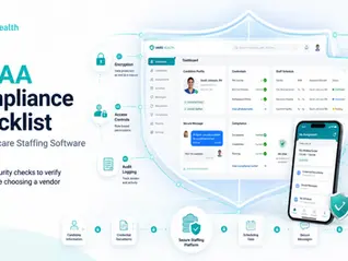 HIPAA compliance checklist for healthcare staffing software showing a secure staffing platform, encryption, access controls, audit logging, BAA, secure messaging, and mobile security.