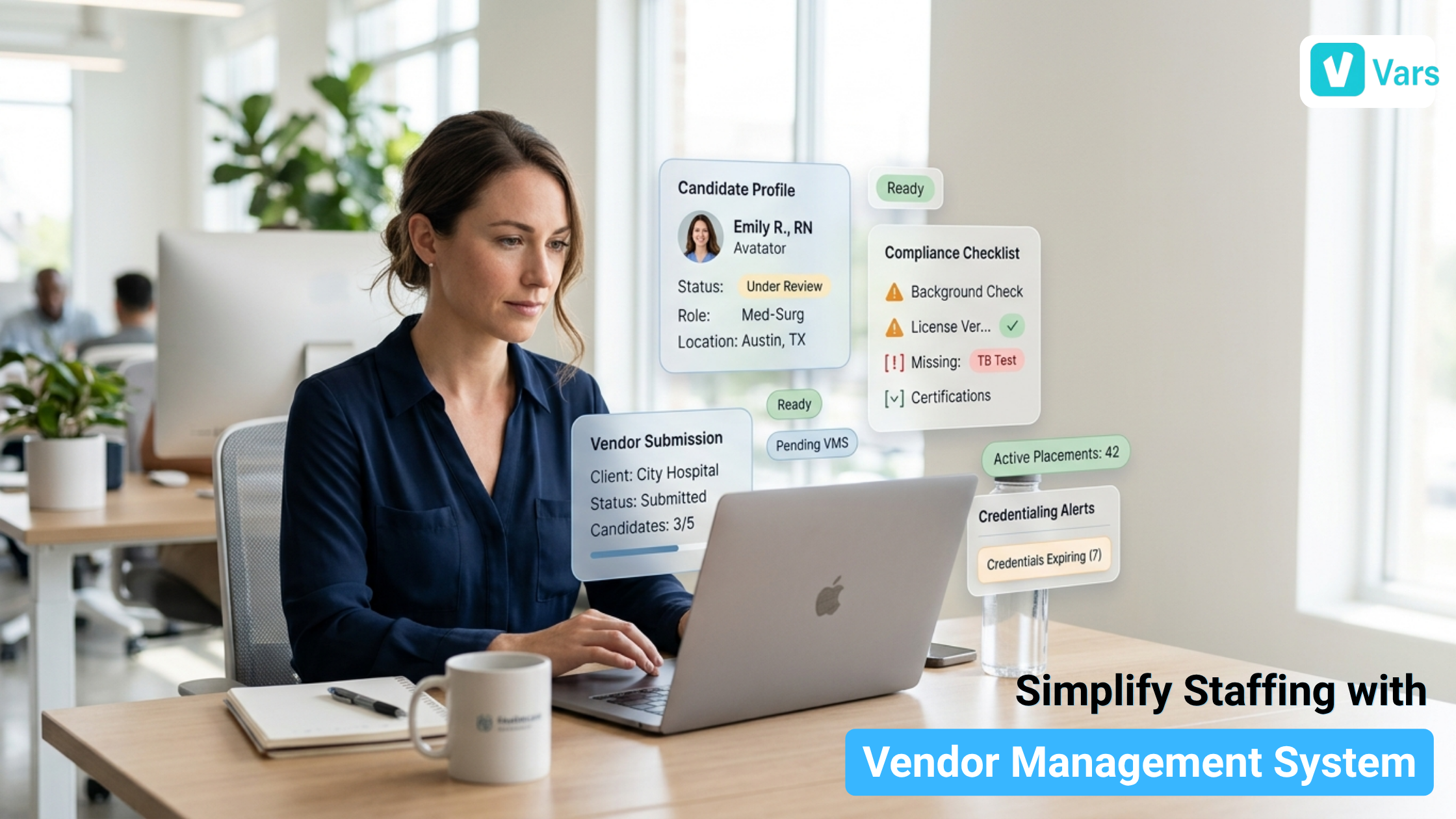 Vendor management software dashboard with recruiter managing candidate submissions, compliance tracking, and staffing workflow