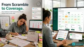 Split screen showing a stressed staffing coordinator surrounded by manual scheduling clutter next to the same coordinator using a calm automated scheduling dashboard