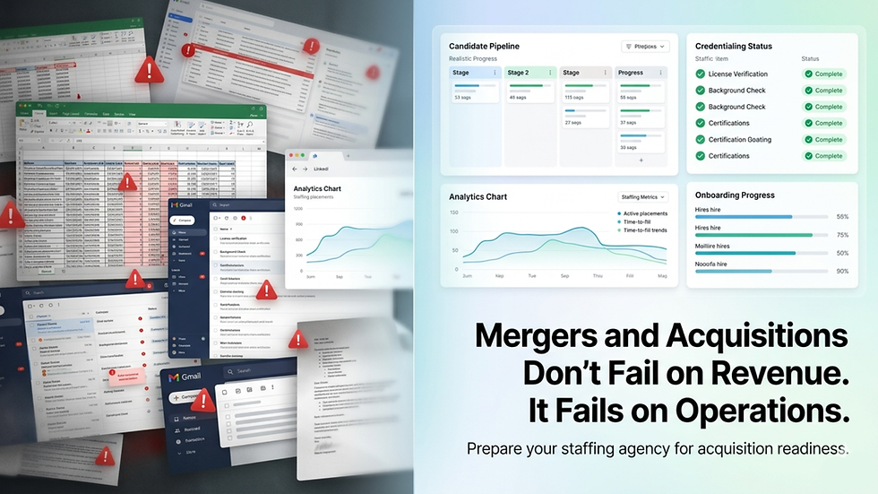 Healthcare staffing operations dashboard showing transition from manual workflows to automated systems for M&A readiness