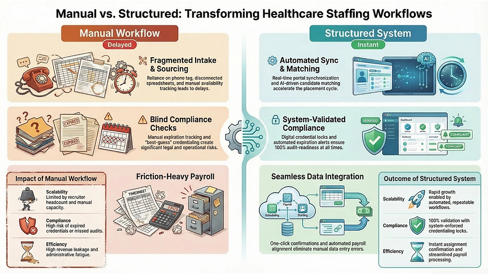Manual vs automated healthcare scheduling workflow infographic for staffing agencies showing shift management, compliance, and payroll processes