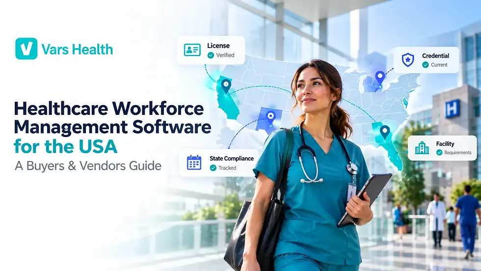 Healthcare workforce management software for US staffing agencies with a nurse, US map, and compliance tracking