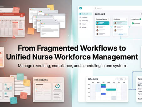 All-in-one nurse workforce software showing fragmented vs unified staffing workflow with recruiting, compliance, scheduling, and payroll in one system