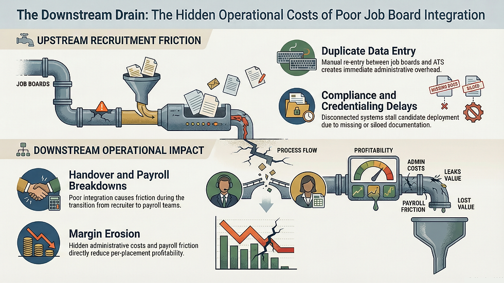 Infographic showing the hidden operational cost of poor job board integration in staffing agencies, highlighting duplicate data entry, compliance gaps, deployment delays, and payroll inefficiencies.