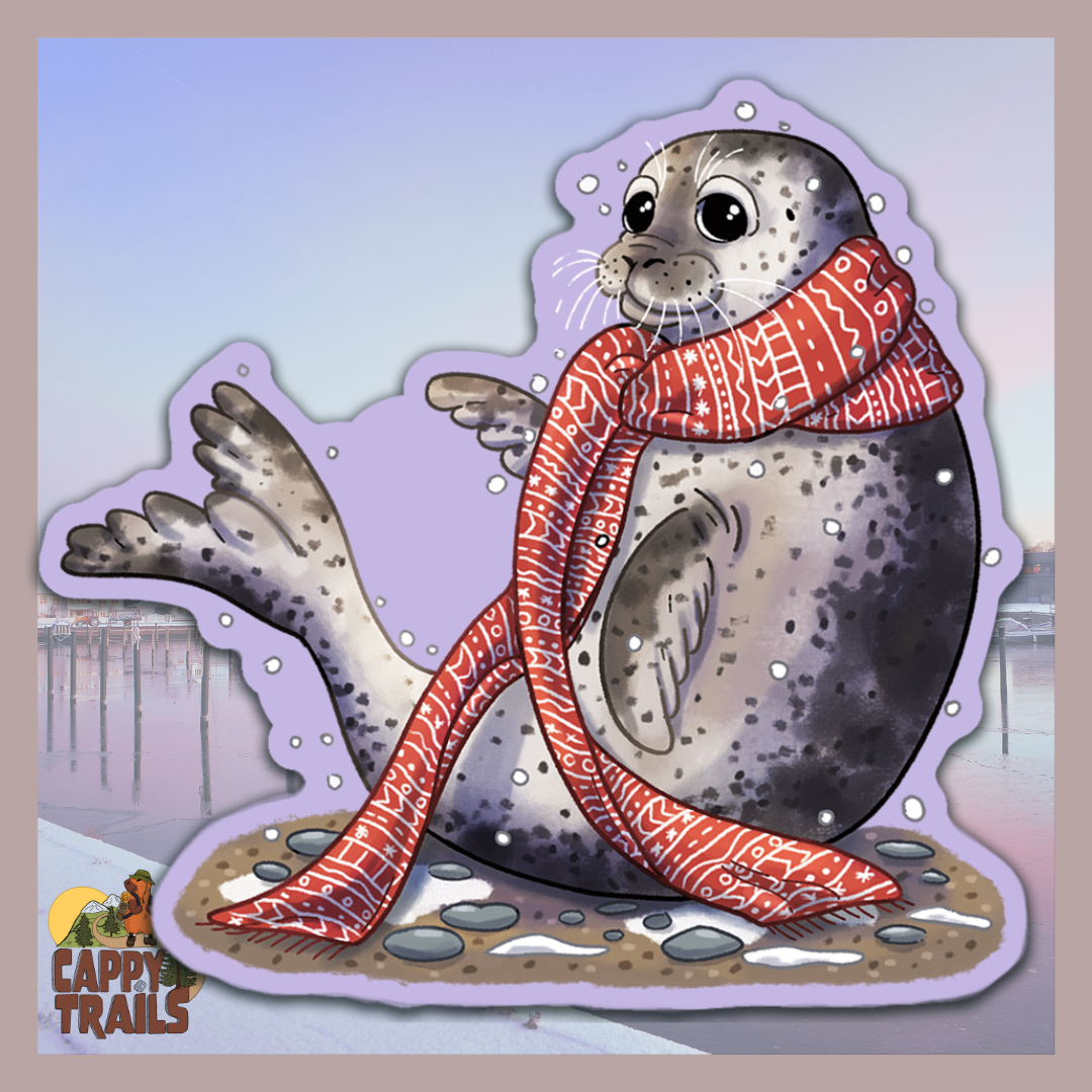 Get your hands on this adorable harbor seal weatherproof vinyl sticker, perfect for the holidays! This cute seal is wearing a