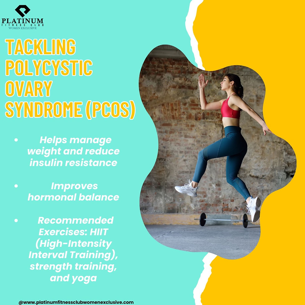 Platinum Fitness Club Women Exclusive infographic on tackling Polycystic Ovary Syndrome (PCOS). It highlights benefits such as managing weight, reducing insulin resistance, and improving hormonal balance. Recommended exercises include HIIT, strength training, and yoga. The image features a woman in athletic wear performing a jump exercise against a brick wall backdrop.