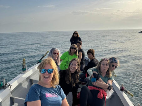 Grupo de iniciación al remo en Gandia entrenando al atardecer con monitores del Club Rem Grau Gandia en una embarcación estable dentro del puerto.