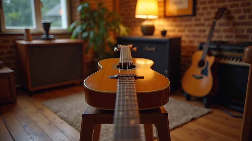 Eye-level view of a guitar resting on a wooden stand in a cozy music studio
