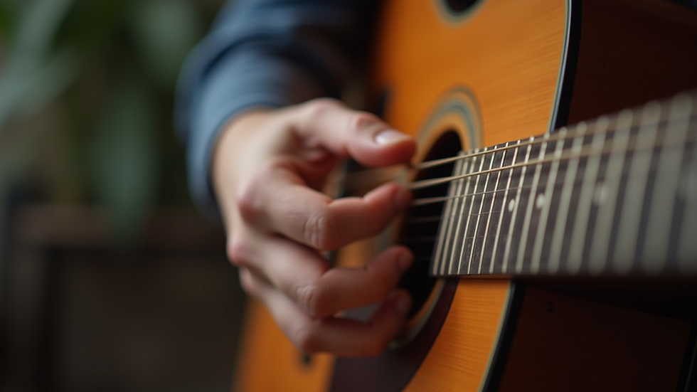 Close-up view of a beginner’s hand forming a chord on an acoustic guitar fretboard
