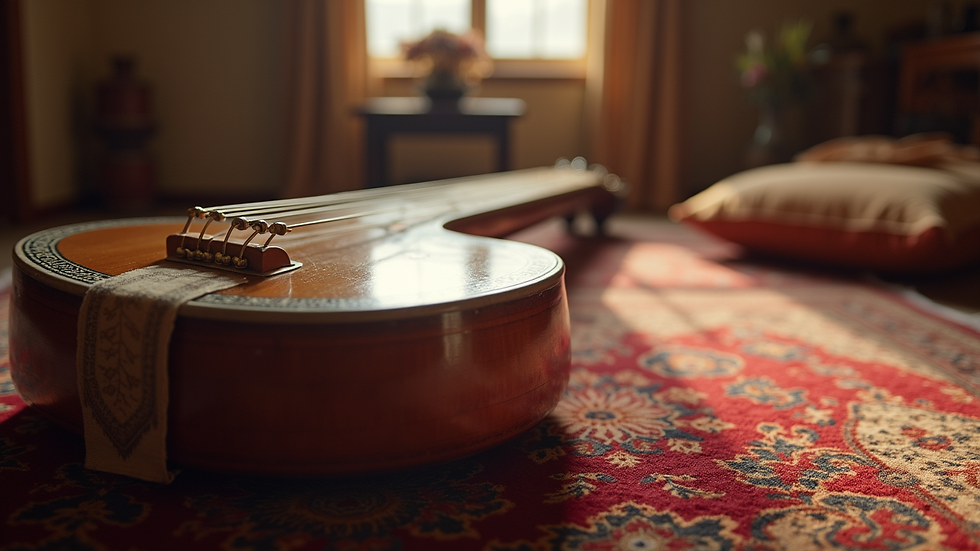 Close-up view of a sitar resting on a traditional Indian rug