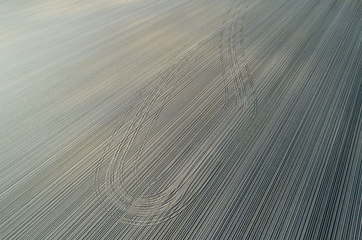 A tilled field that has just been planted with corn photographed from above with a done