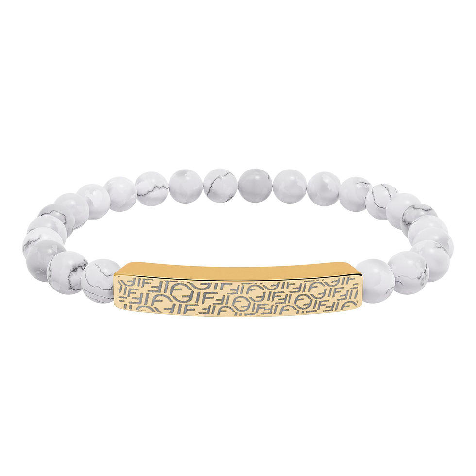 Thumbnail: White bead bracelet with gold bar; I.M. Bead Bracelet - Customizable Engraving; elegant jewelry piece.