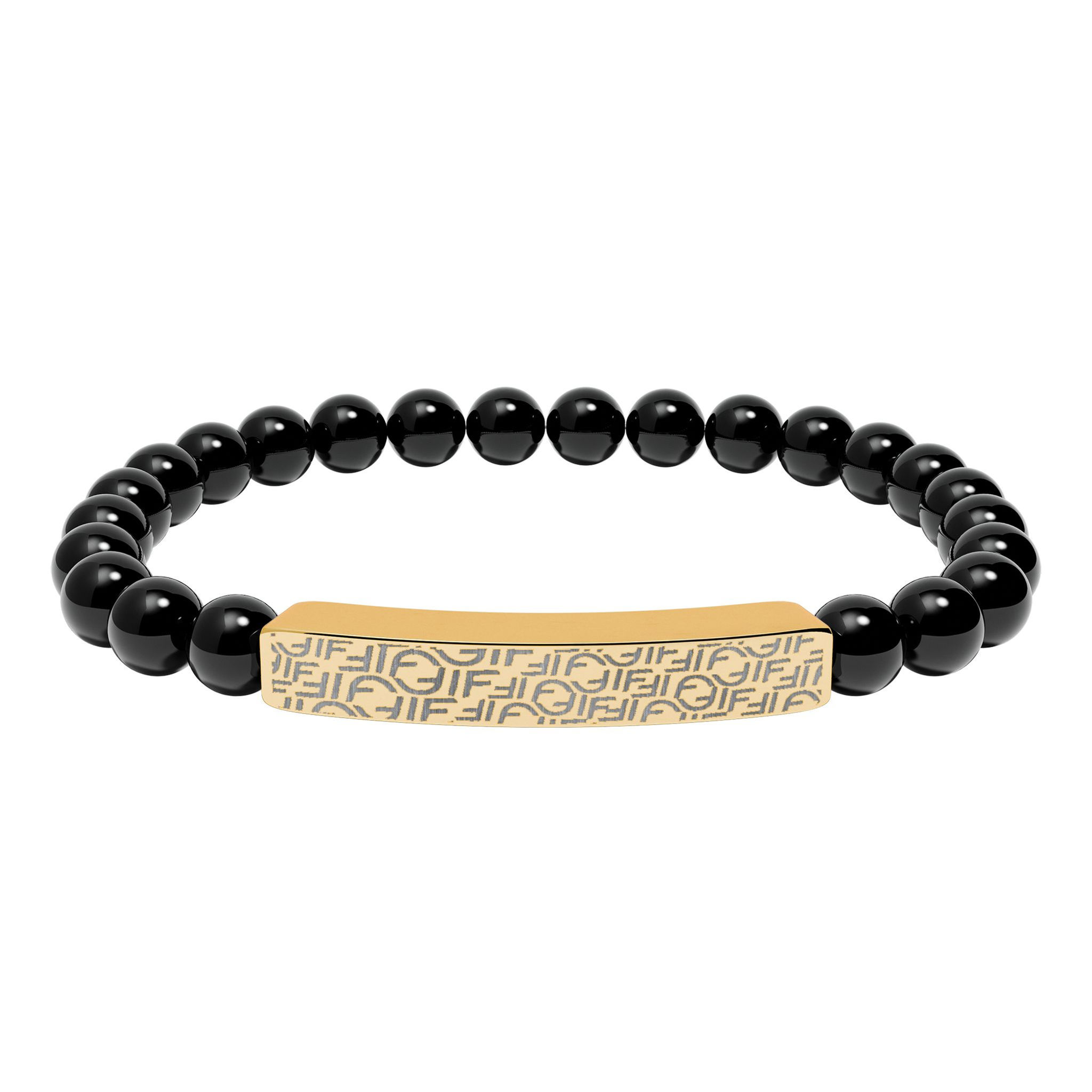 Black bead bracelet with gold engraved bar. Protection Bead Bracelet, elegant design