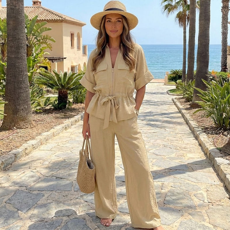 Thumbnail: Willshela Women Fashion 2 Piece Set Solid Front Zipper Shirts & Vintage High Ela