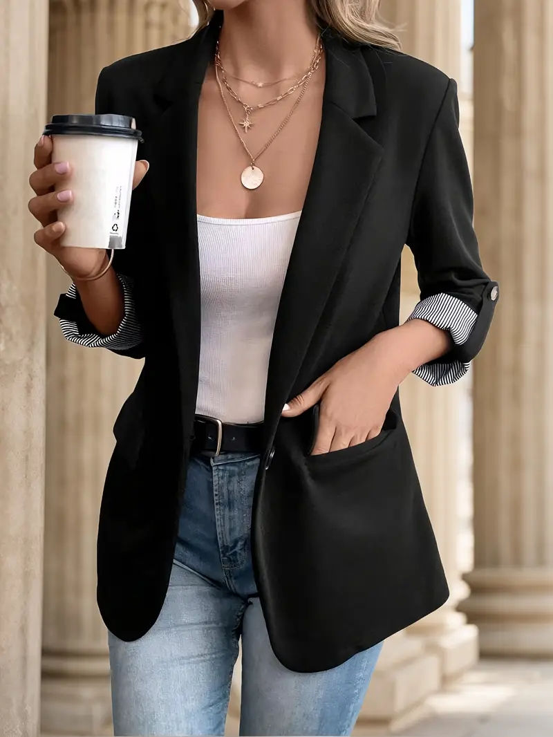 Thumbnail: New women's casual and fashionable jacket with rolled sleeves and slim fit butto