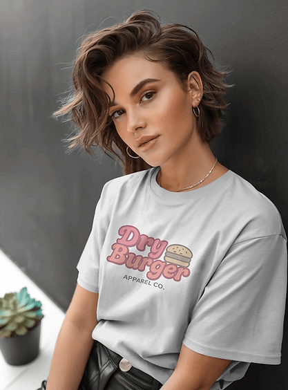 Dry Burger Silver Logo Tee on woman with brown hair