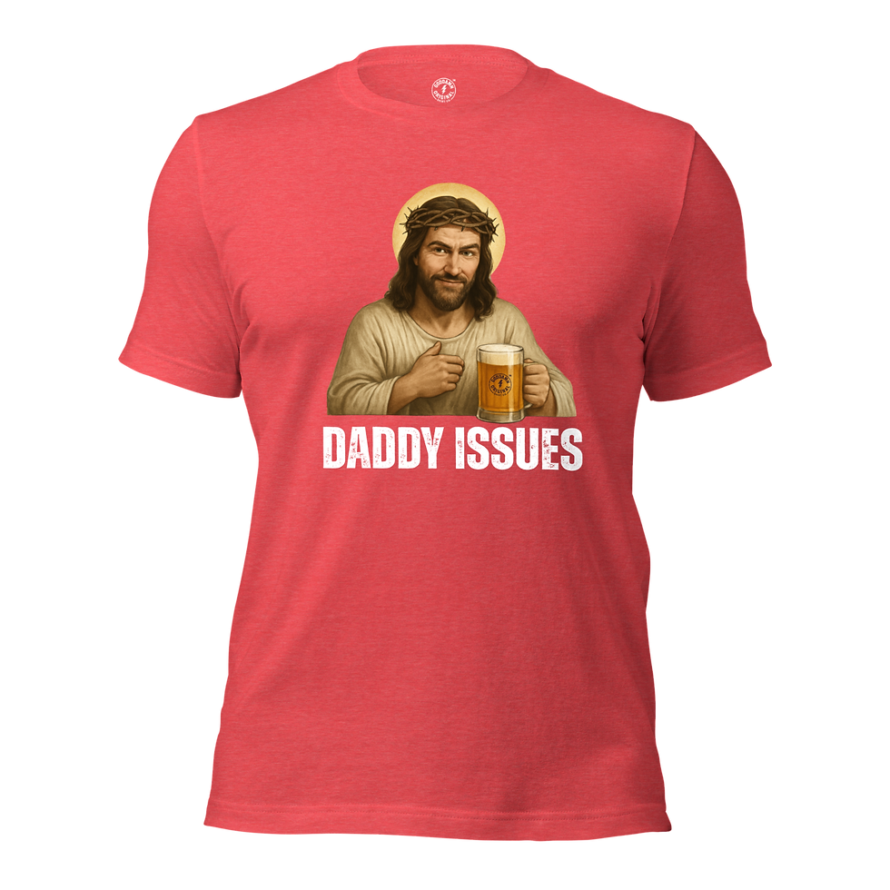 Goddamn Original Daddy Issues Signature Tee in Heather Red Featuring Jesus holding a beer