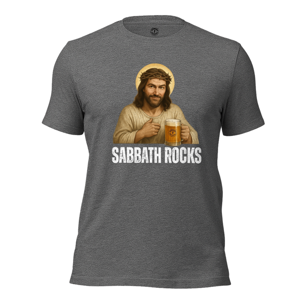 Goddam Original Sabbath Rocks Special Issue Tee Deep Heather featuring Jesus holding a beer
