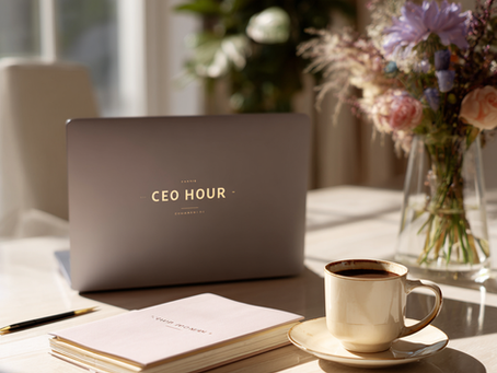 Bright, modern workspace with a laptop, coffee cup, and open notebook labeled ‘CEO Hour’ on a minimalist desk, morning sunlight streaming in through a window, representing focused time management for entrepreneurs and solopreneurs.