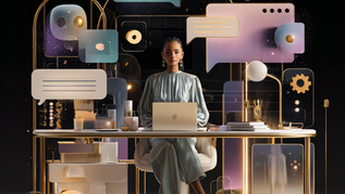 AI-powered illustration of entrepreneurs using laptops, tablets, and smart tools to automate tasks and boost productivity.