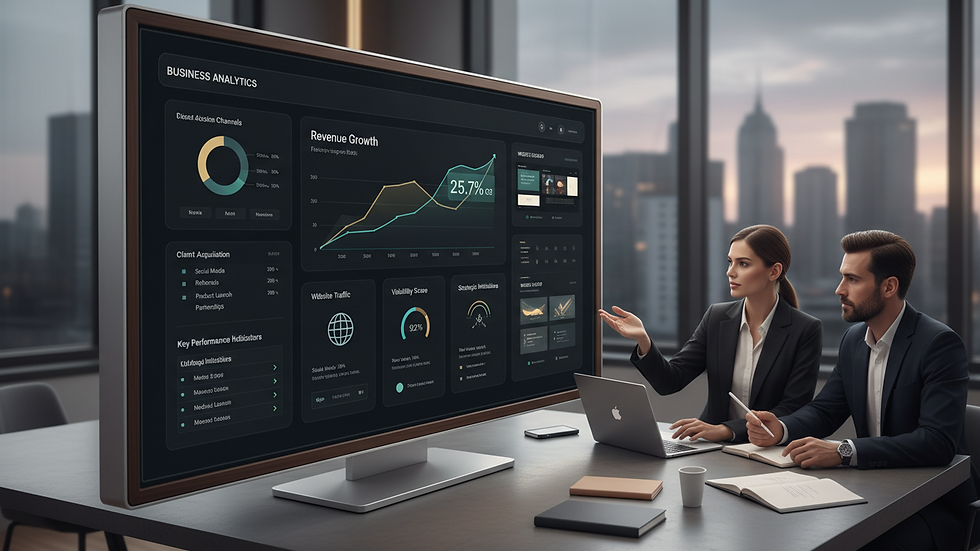 Close-up view of a digital dashboard showing marketing analytics and growth metrics