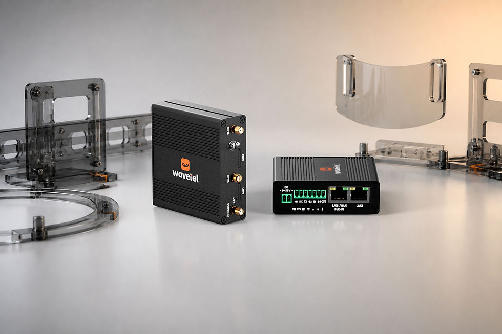 Wavetel WR143 LTE-Cat-4-Industrierouter von vorn und von der Seite in einer warm-silbernen Maschinenkulisse