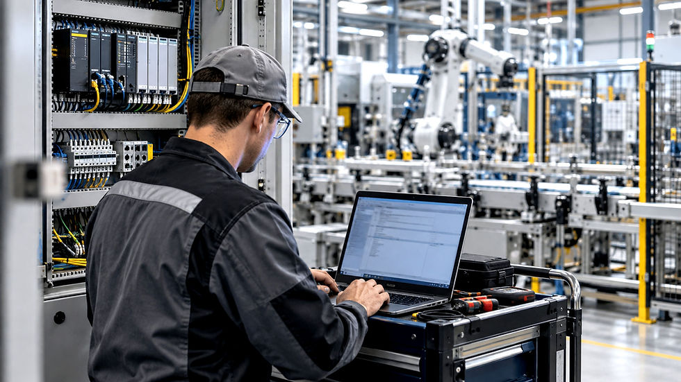 Techniker mit Laptop neben einem geöffneten industriellen Schaltschrank; im Hintergrund befindet sich eine Roboterfertigungslinie.
